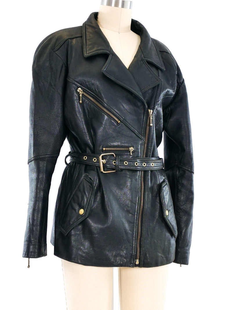 Longline Leather Biker Jacket Jacket arcadeshops.com