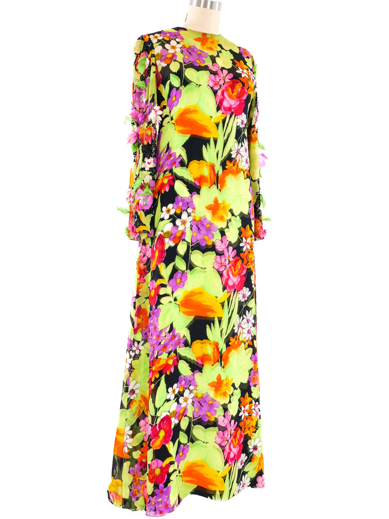 Sequin Accented Floral Printed Chiffon Dress Dress arcadeshops.com