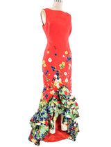 Oscar de la Renta Floral Printed Silk Ruffle Gown Dress arcadeshops.com
