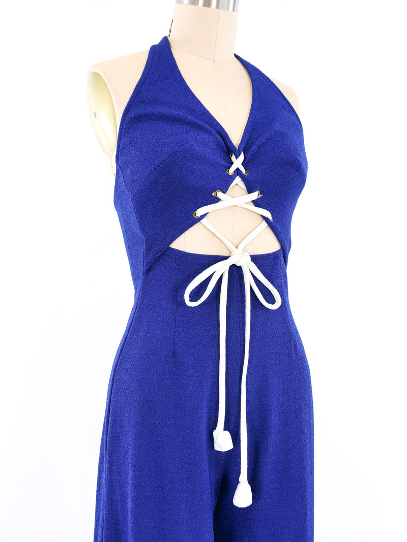 Navy Crepe Palazzo Halter Jumpsuit Jumpsuit arcadeshops.com