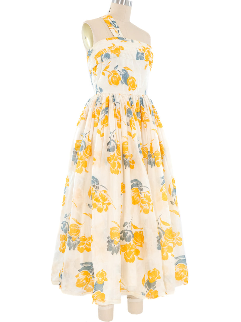 1950s One Shoulder Silk Floral Midi Dress Dress arcadeshops.com