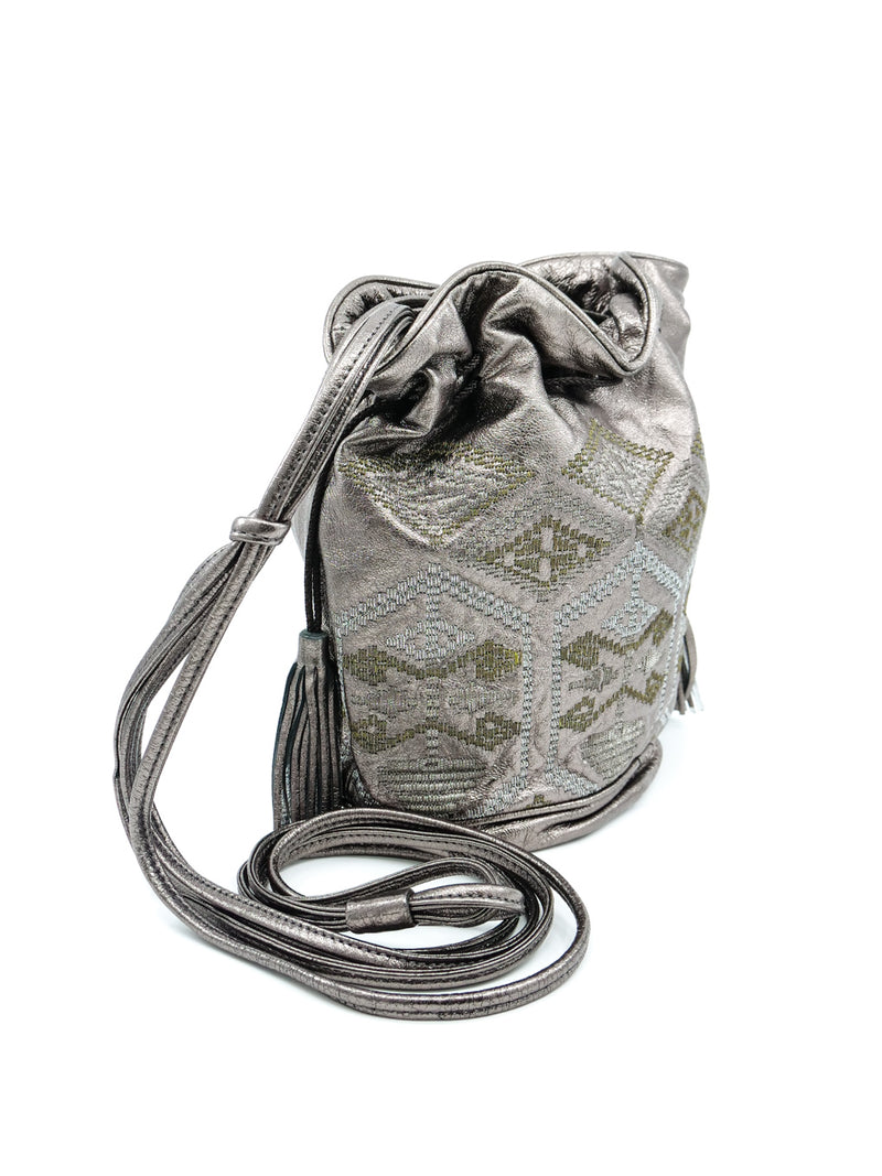 Embroidered Metallic Leather Bucket Bag Accessory arcadeshops.com