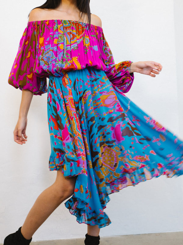 Yves Saint Laurent Leon Bakst Print Off The Shoulder Dress Dress arcadeshops.com