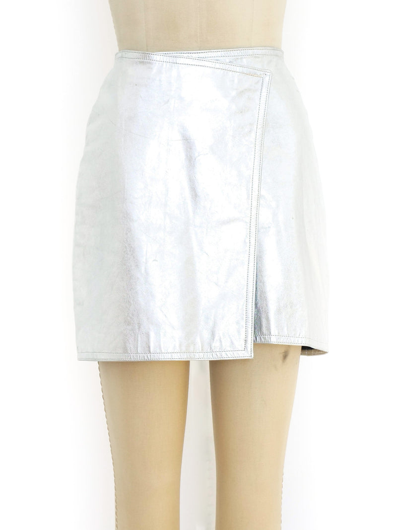 Metallic Silver Leather Mini Skirt Bottom arcadeshops.com