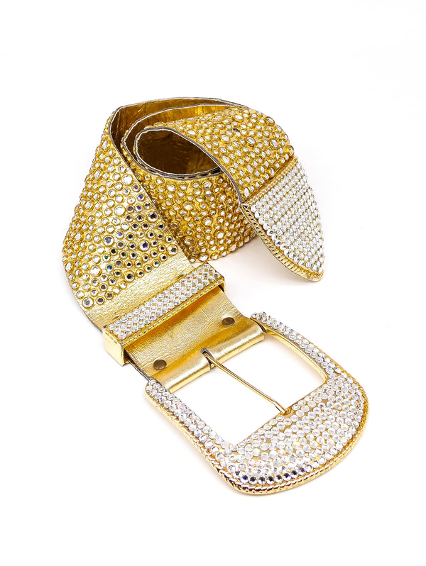 Michael Morrison Rhinestone Studded Gold Leather Belt  arcadeshops.com
